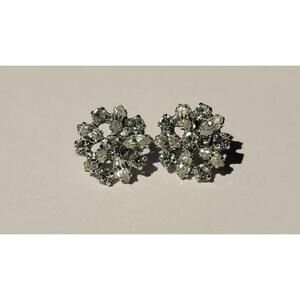 Vintage B DAVID Silver Tone Cubic Zirconia Clip On Earrings 1 inch